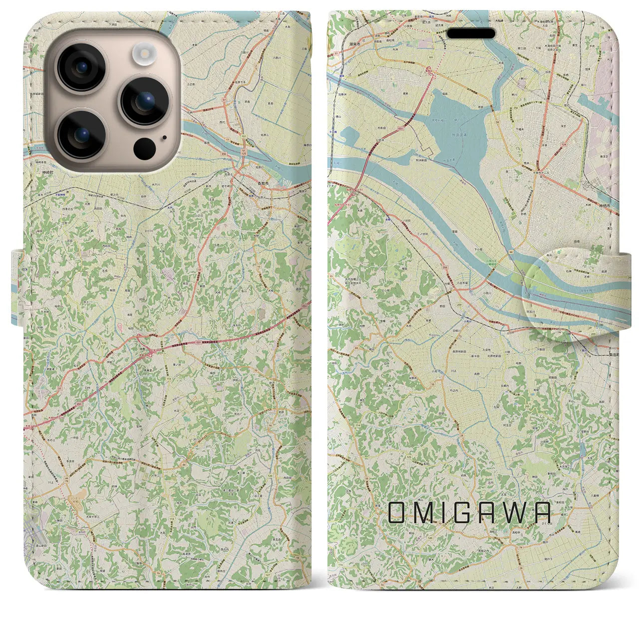 【小見川（千葉県）】地図柄iPhoneケース（手帳タイプ）ナチュラル・iPhone 16 Plus 用