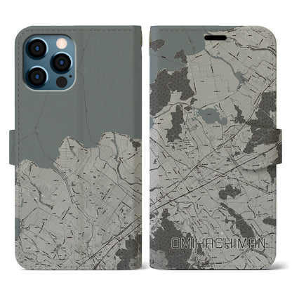 【近江八幡2（滋賀県）】地図柄iPhoneケース（手帳タイプ）モノトーン・iPhone 12 / 12 Pro 用