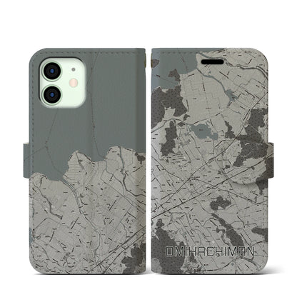 【近江八幡2（滋賀県）】地図柄iPhoneケース（手帳タイプ）モノトーン・iPhone 12 mini 用