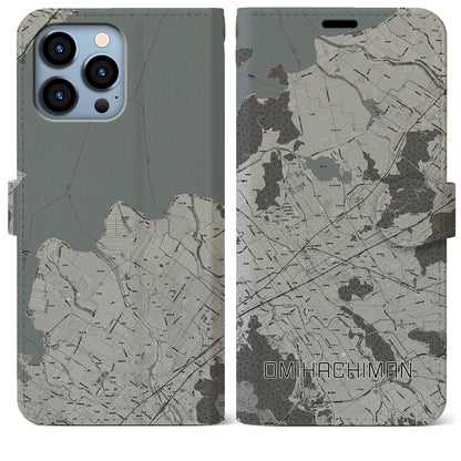 【近江八幡2（滋賀県）】地図柄iPhoneケース（手帳タイプ）モノトーン・iPhone 13 Pro Max 用