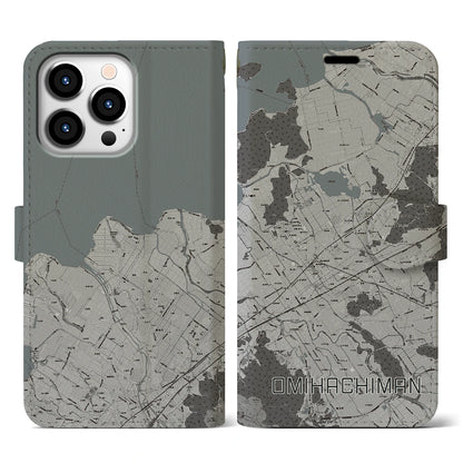 【近江八幡2（滋賀県）】地図柄iPhoneケース（手帳タイプ）モノトーン・iPhone 13 Pro 用