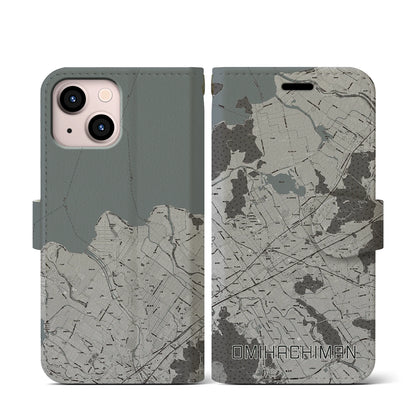 【近江八幡2（滋賀県）】地図柄iPhoneケース（手帳タイプ）モノトーン・iPhone 13 mini 用