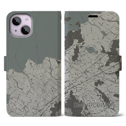 【近江八幡2（滋賀県）】地図柄iPhoneケース（手帳タイプ）モノトーン・iPhone 14 用