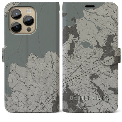 【近江八幡2（滋賀県）】地図柄iPhoneケース（手帳タイプ）モノトーン・iPhone 14 Pro Max 用