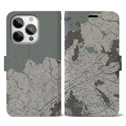 【近江八幡2（滋賀県）】地図柄iPhoneケース（手帳タイプ）モノトーン・iPhone 14 Pro 用