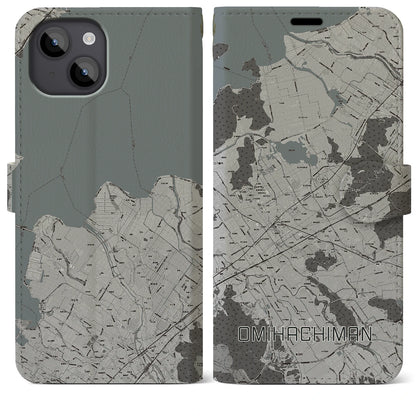 【近江八幡2（滋賀県）】地図柄iPhoneケース（手帳タイプ）モノトーン・iPhone 14 Plus 用