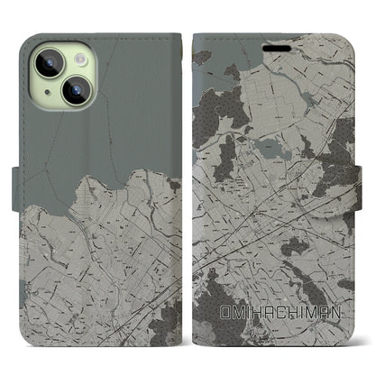 【近江八幡2（滋賀県）】地図柄iPhoneケース（手帳タイプ）モノトーン・iPhone 15 用