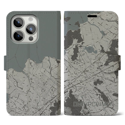 【近江八幡2（滋賀県）】地図柄iPhoneケース（手帳タイプ）モノトーン・iPhone 15 Pro 用