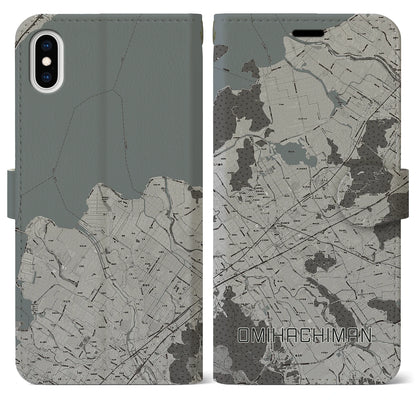 【近江八幡2（滋賀県）】地図柄iPhoneケース（手帳タイプ）モノトーン・iPhone XS Max 用