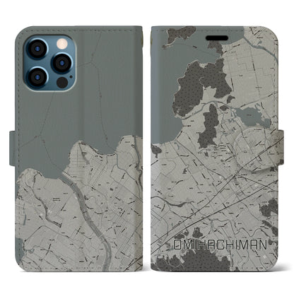 【近江八幡（滋賀県）】地図柄iPhoneケース（手帳タイプ）モノトーン・iPhone 12 / 12 Pro 用