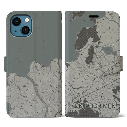 【近江八幡（滋賀県）】地図柄iPhoneケース（手帳タイプ）モノトーン・iPhone 13 用