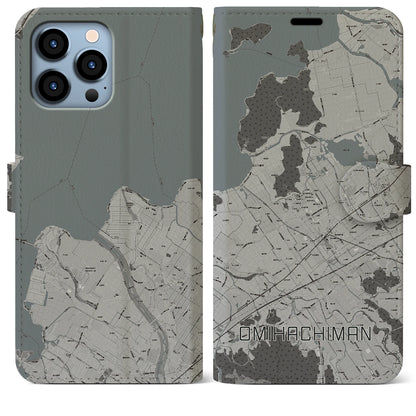 【近江八幡（滋賀県）】地図柄iPhoneケース（手帳タイプ）モノトーン・iPhone 13 Pro Max 用