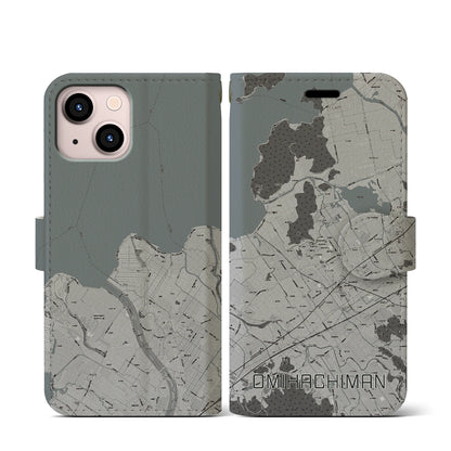 【近江八幡（滋賀県）】地図柄iPhoneケース（手帳タイプ）モノトーン・iPhone 13 mini 用