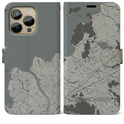 【近江八幡（滋賀県）】地図柄iPhoneケース（手帳タイプ）モノトーン・iPhone 14 Pro Max 用