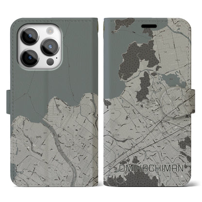 【近江八幡（滋賀県）】地図柄iPhoneケース（手帳タイプ）モノトーン・iPhone 14 Pro 用