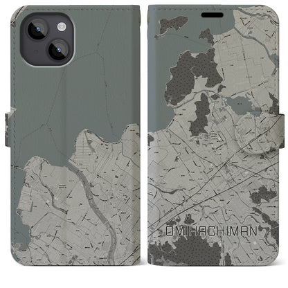 【近江八幡（滋賀県）】地図柄iPhoneケース（手帳タイプ）モノトーン・iPhone 14 Plus 用