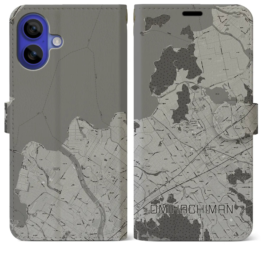 【近江八幡(滋賀県)】地図柄iPhoneケース(手帳タイプ)モノトーン・iPhone 16 Pro Max 用