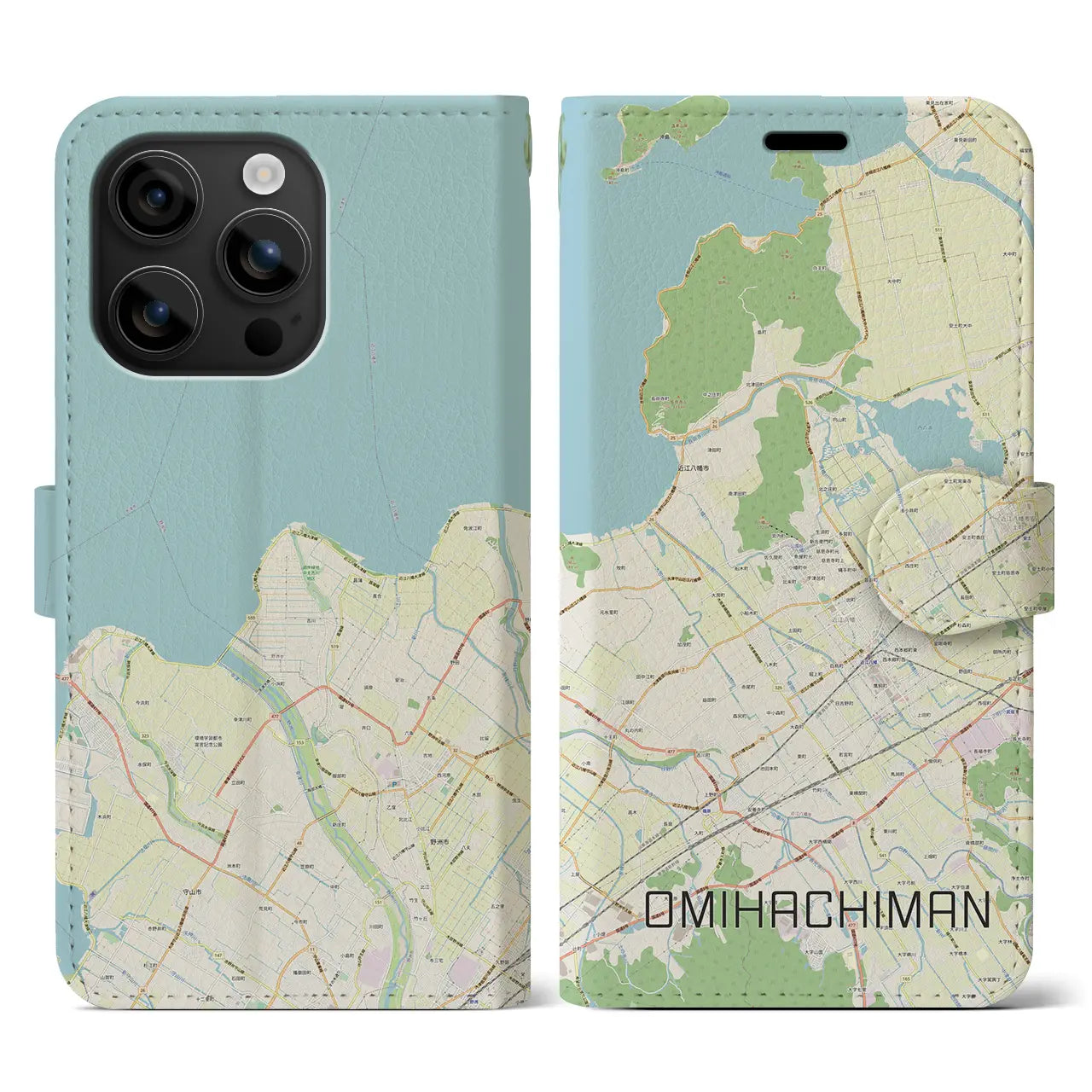 【近江八幡（滋賀県）】地図柄iPhoneケース（手帳タイプ）ナチュラル・iPhone 16 用