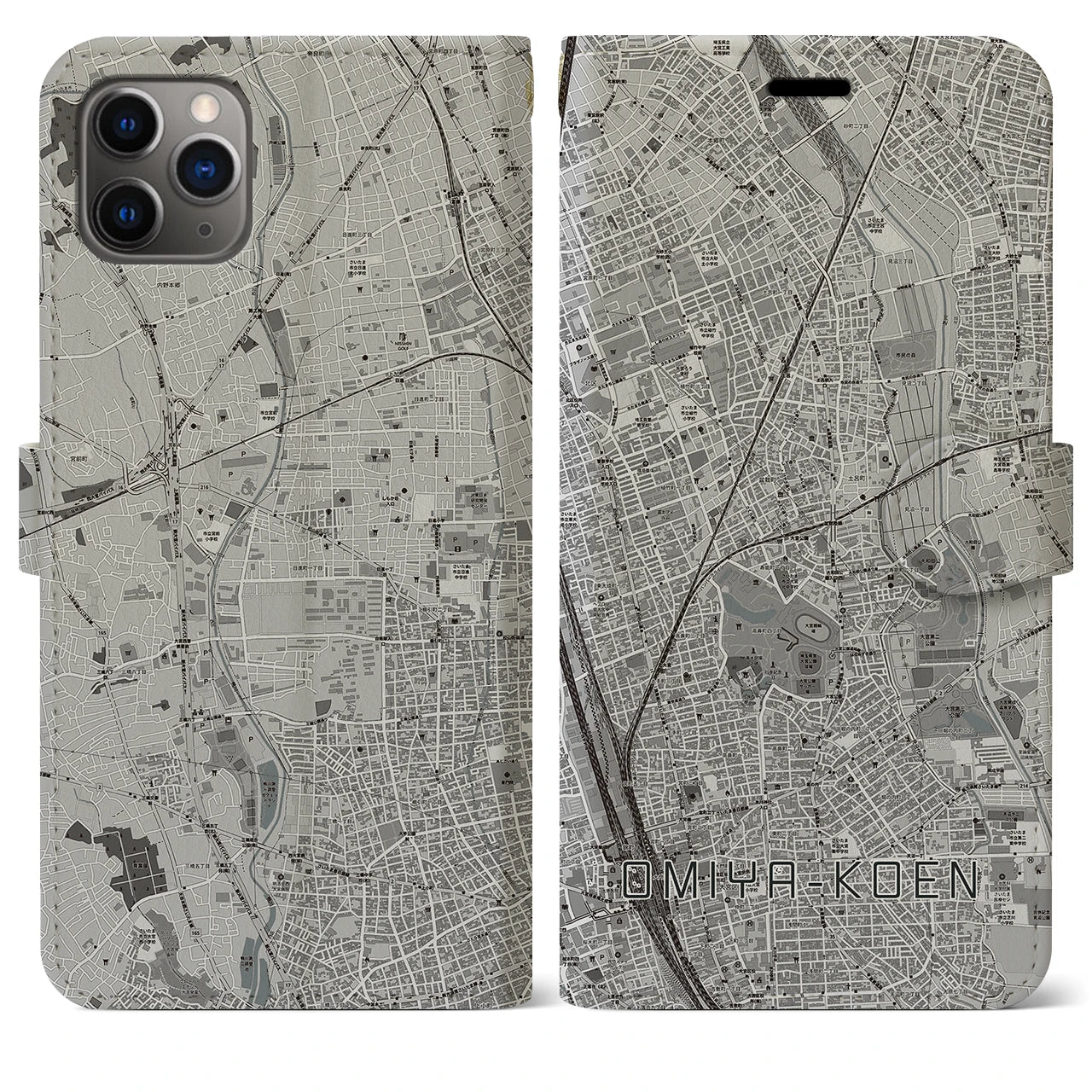 【大宮公園】地図柄iPhoneケース（手帳両面タイプ・モノトーン）iPhone 11 Pro Max 用