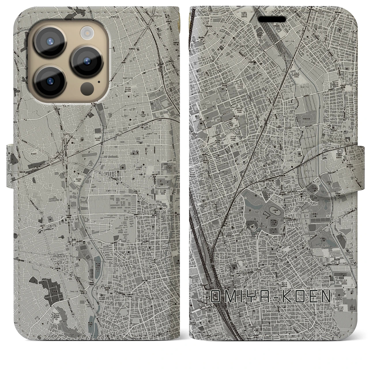 【大宮公園】地図柄iPhoneケース（手帳両面タイプ・モノトーン）iPhone 14 Pro Max 用