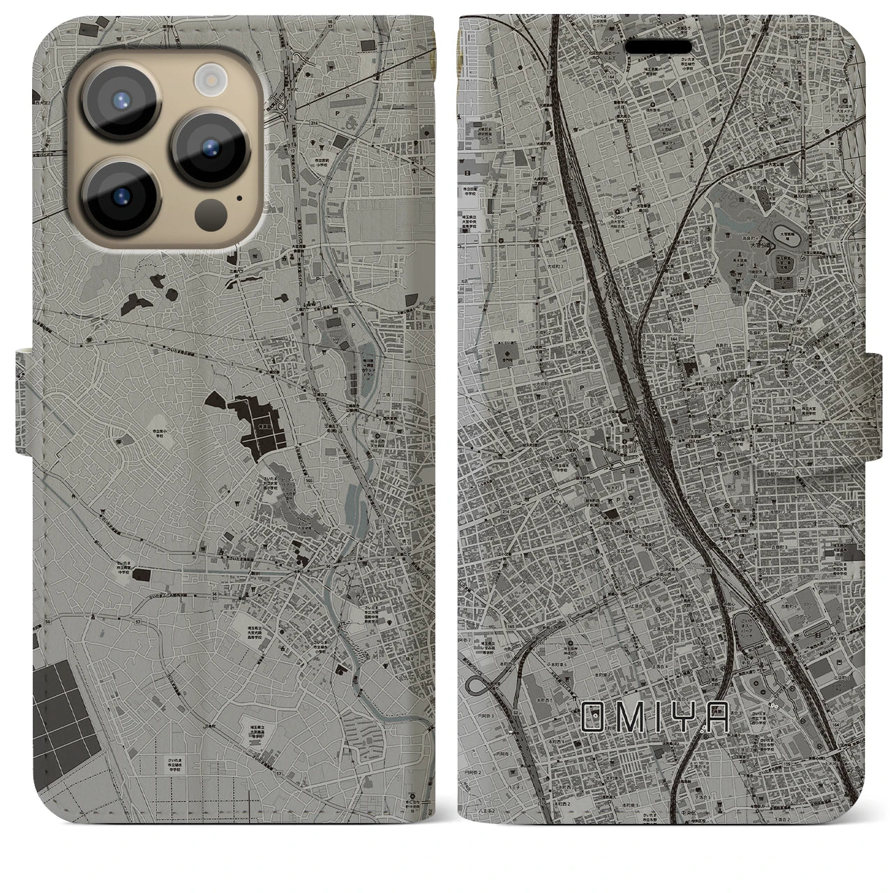 【大宮】地図柄iPhoneケース（手帳両面タイプ・モノトーン）iPhone 14 Pro Max 用