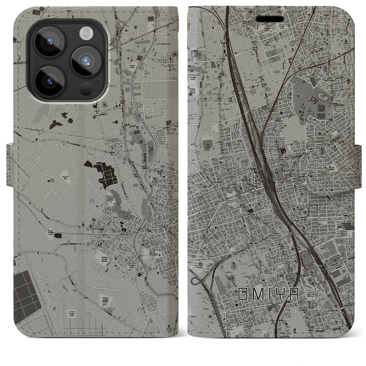 【大宮】地図柄iPhoneケース（手帳両面タイプ・モノトーン）iPhone 15 Pro Max 用