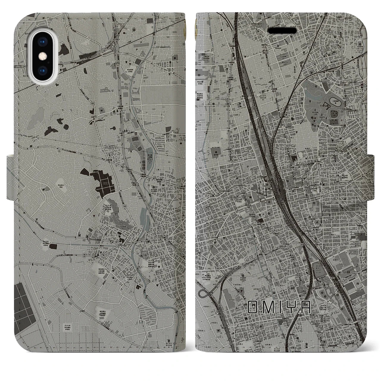 【大宮（埼玉県）】地図柄iPhoneケース（手帳タイプ）モノトーン・iPhone XS Max 用