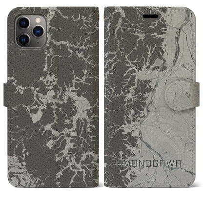 【雄物川（秋田県）】地図柄iPhoneケース（手帳タイプ）モノトーン・iPhone 11 Pro Max 用