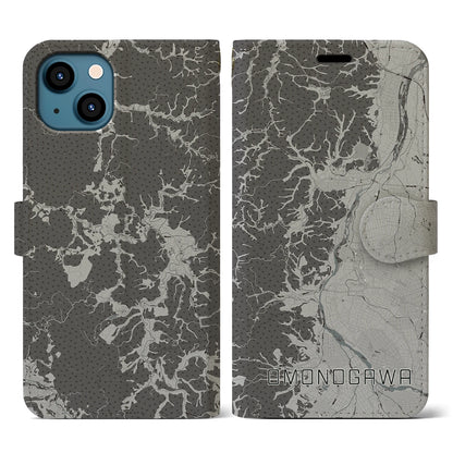 【雄物川（秋田県）】地図柄iPhoneケース（手帳タイプ）モノトーン・iPhone 13 用
