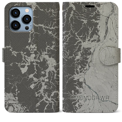 【雄物川（秋田県）】地図柄iPhoneケース（手帳タイプ）モノトーン・iPhone 13 Pro Max 用