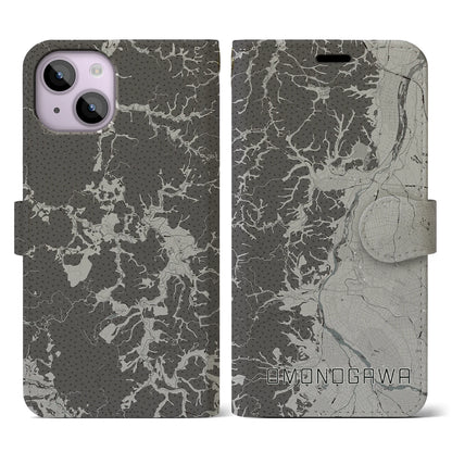 【雄物川（秋田県）】地図柄iPhoneケース（手帳タイプ）モノトーン・iPhone 14 用