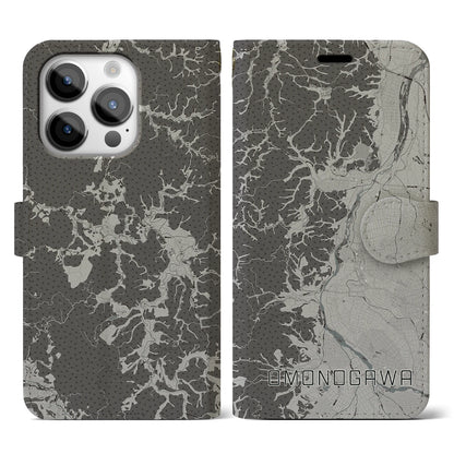 【雄物川（秋田県）】地図柄iPhoneケース（手帳タイプ）モノトーン・iPhone 14 Pro 用
