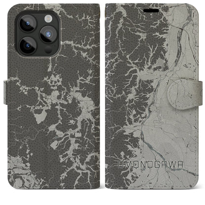 【雄物川（秋田県）】地図柄iPhoneケース（手帳タイプ）モノトーン・iPhone 15 Pro Max 用