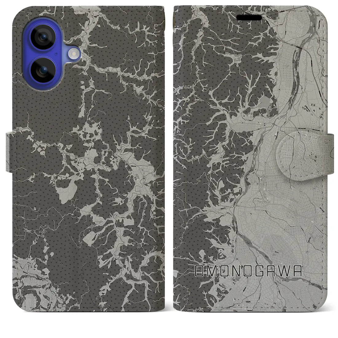 【雄物川(秋田県)】地図柄iPhoneケース(手帳タイプ)モノトーン・iPhone 16 Pro Max 用