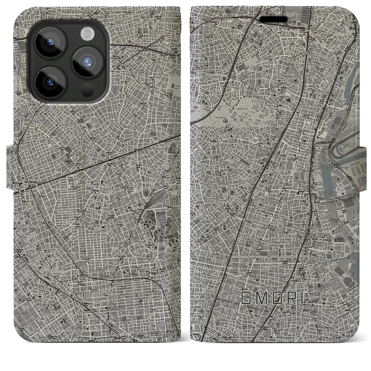 【大森】地図柄iPhoneケース（手帳両面タイプ・モノトーン）iPhone 15 Pro Max 用