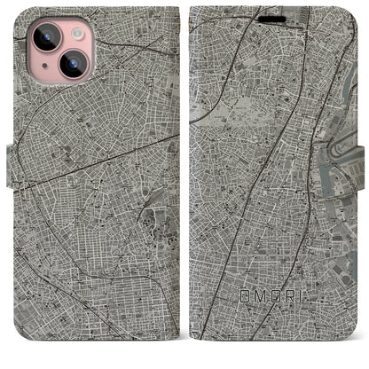 【大森（東京都）】地図柄iPhoneケース（手帳タイプ）モノトーン・iPhone 15 Plus 用