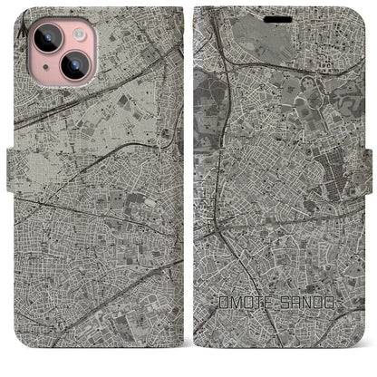 【表参道（東京都）】地図柄iPhoneケース（手帳タイプ）モノトーン・iPhone 15 Plus 用