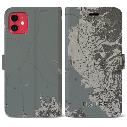 【大村（長崎県）】地図柄iPhoneケース（手帳タイプ）モノトーン・iPhone 11 用