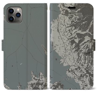 【大村（長崎県）】地図柄iPhoneケース（手帳タイプ）モノトーン・iPhone 11 Pro Max 用