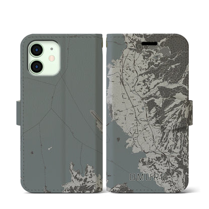 【大村（長崎県）】地図柄iPhoneケース（手帳タイプ）モノトーン・iPhone 12 mini 用