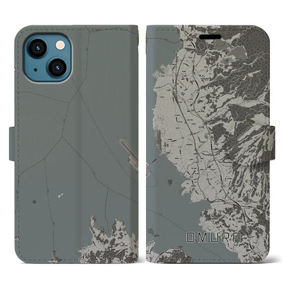 【大村（長崎県）】地図柄iPhoneケース（手帳タイプ）モノトーン・iPhone 13 用