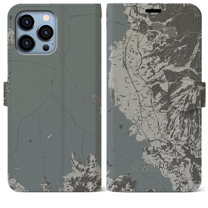 【大村（長崎県）】地図柄iPhoneケース（手帳タイプ）モノトーン・iPhone 13 Pro Max 用