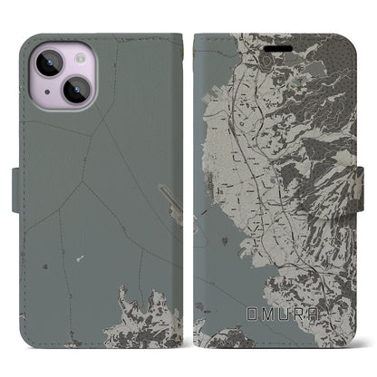 【大村（長崎県）】地図柄iPhoneケース（手帳タイプ）モノトーン・iPhone 14 用
