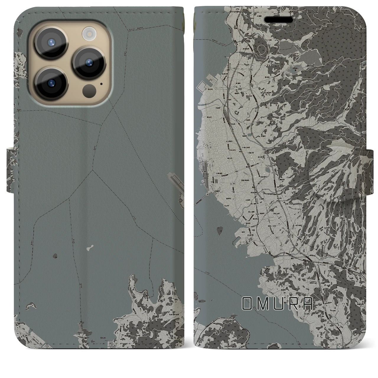 【大村】地図柄iPhoneケース（手帳両面タイプ・モノトーン）iPhone 14 Pro Max 用