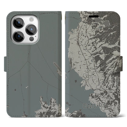 【大村（長崎県）】地図柄iPhoneケース（手帳タイプ）モノトーン・iPhone 14 Pro 用