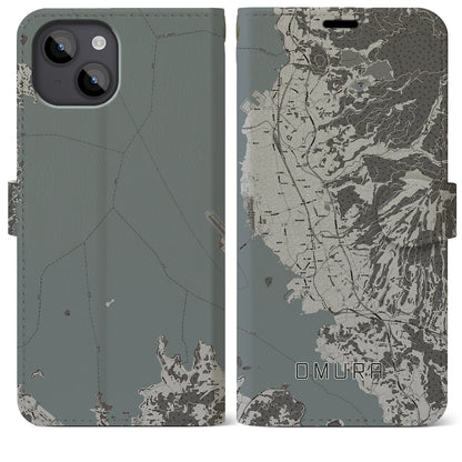 【大村（長崎県）】地図柄iPhoneケース（手帳タイプ）モノトーン・iPhone 14 Plus 用