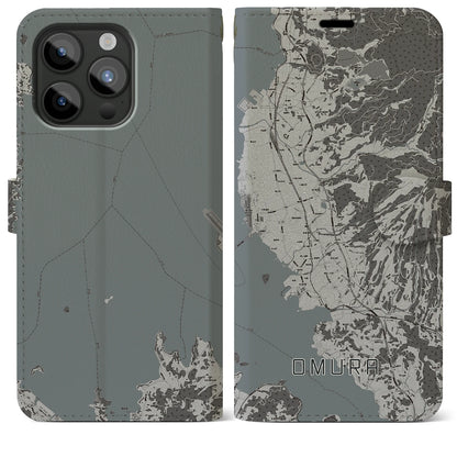 【大村（長崎県）】地図柄iPhoneケース（手帳タイプ）モノトーン・iPhone 15 Pro Max 用