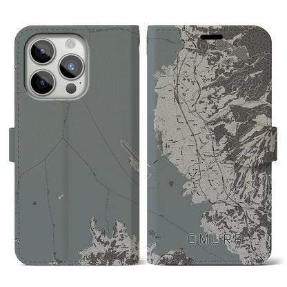 【大村（長崎県）】地図柄iPhoneケース（手帳タイプ）モノトーン・iPhone 15 Pro 用