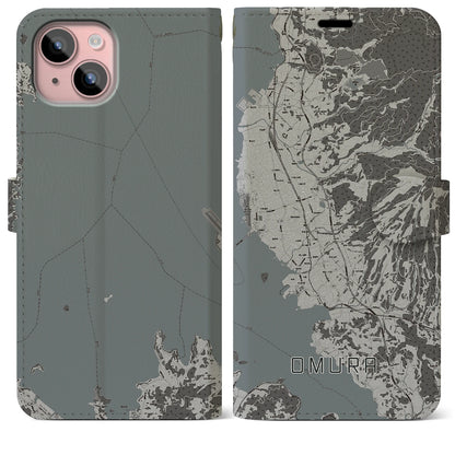 【大村（長崎県）】地図柄iPhoneケース（手帳タイプ）モノトーン・iPhone 15 Plus 用