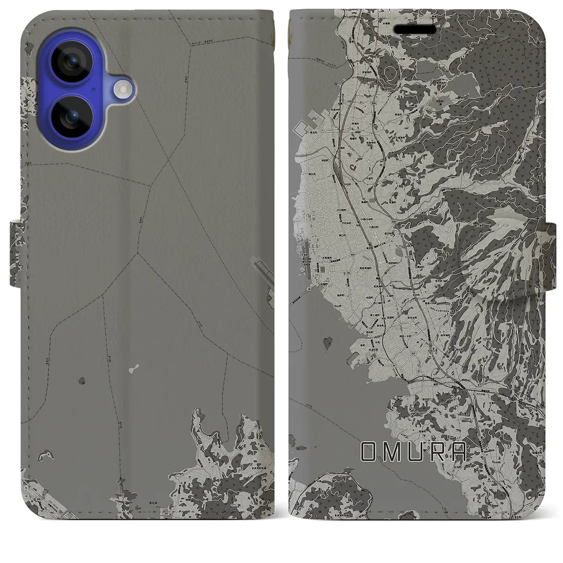 【大村(長崎県)】地図柄iPhoneケース(手帳タイプ)モノトーン・iPhone 16 Pro Max 用